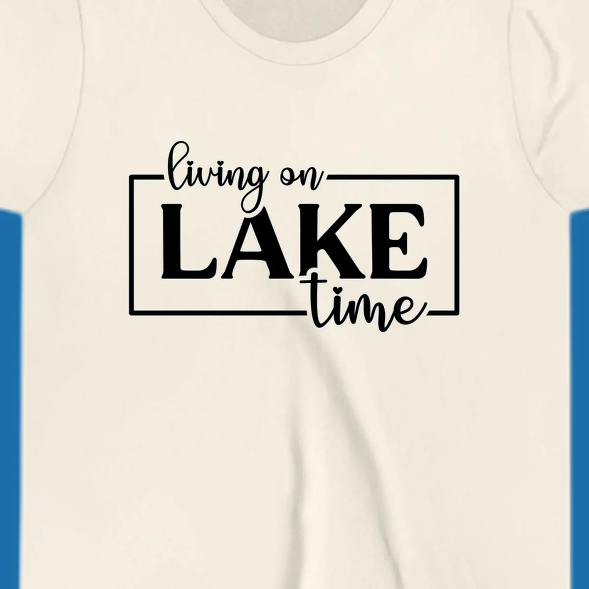 Living on lake time text design with script and bold fonts, inside a rectangle.