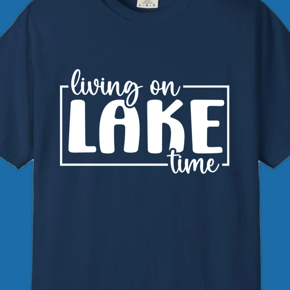 Living on lake time lifestyle phrase in white lettering on black and white backgrounds.