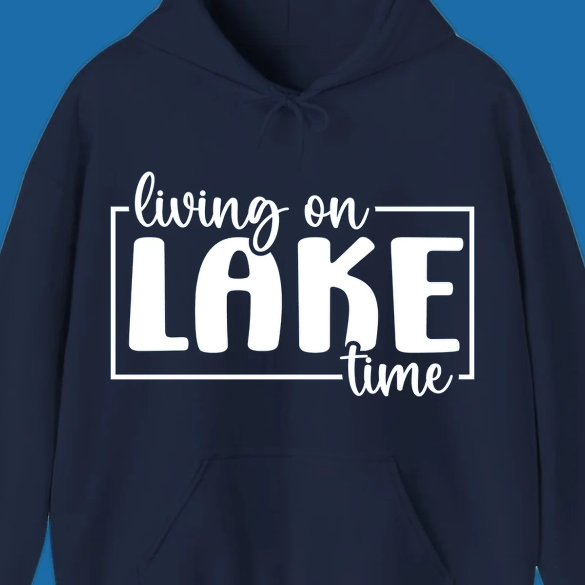 Living on lake time lifestyle phrase in white lettering on black and white backgrounds.