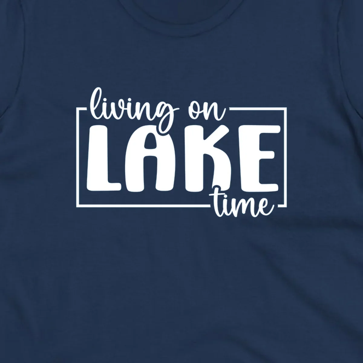 Living on lake time lifestyle phrase in white lettering on black and white backgrounds.