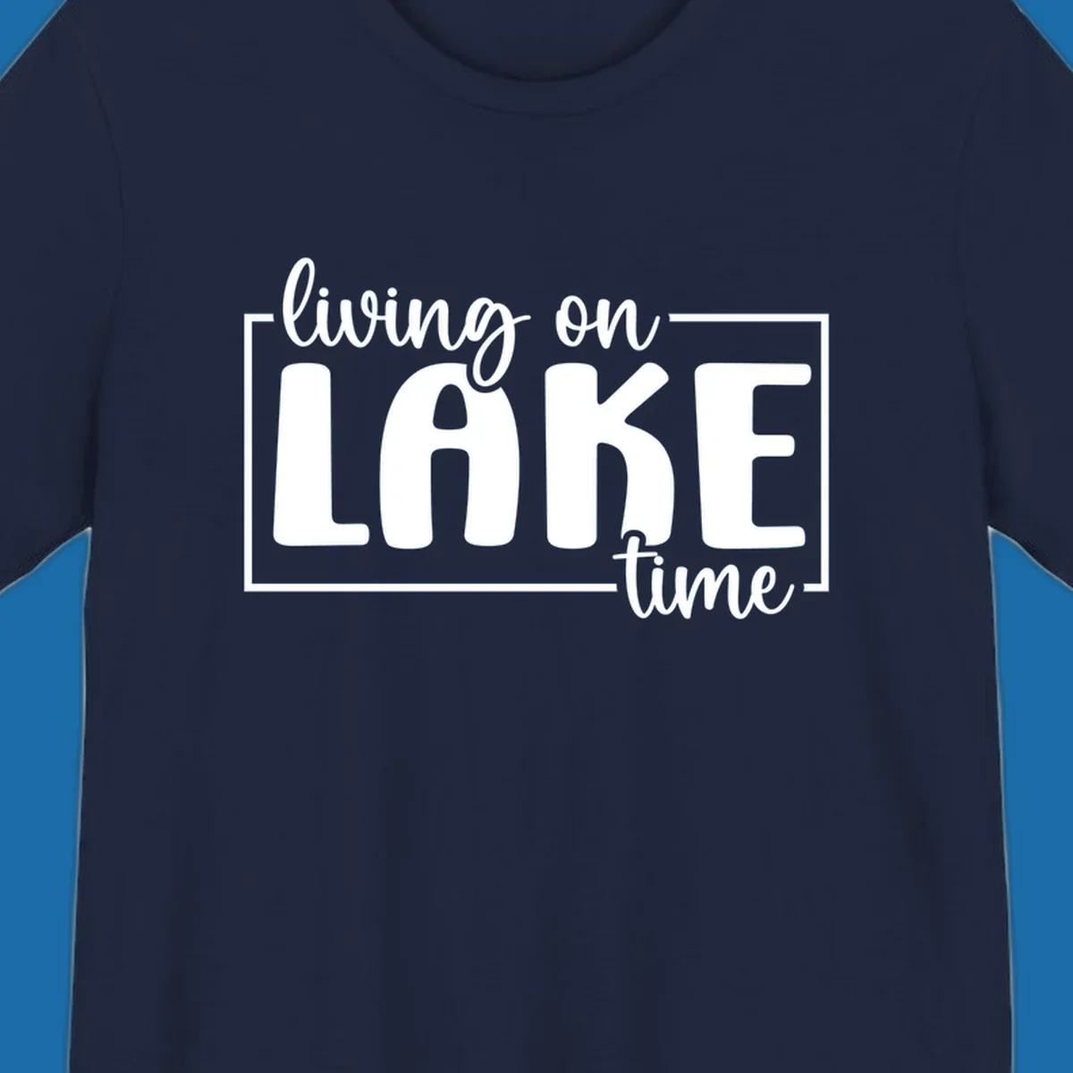 Living on lake time lifestyle phrase in white lettering on black and white backgrounds.