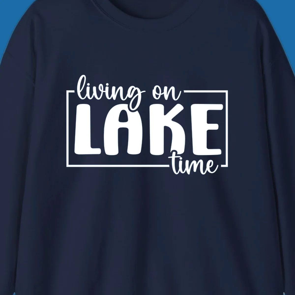 Living on lake time lifestyle phrase in white lettering on black and white backgrounds.