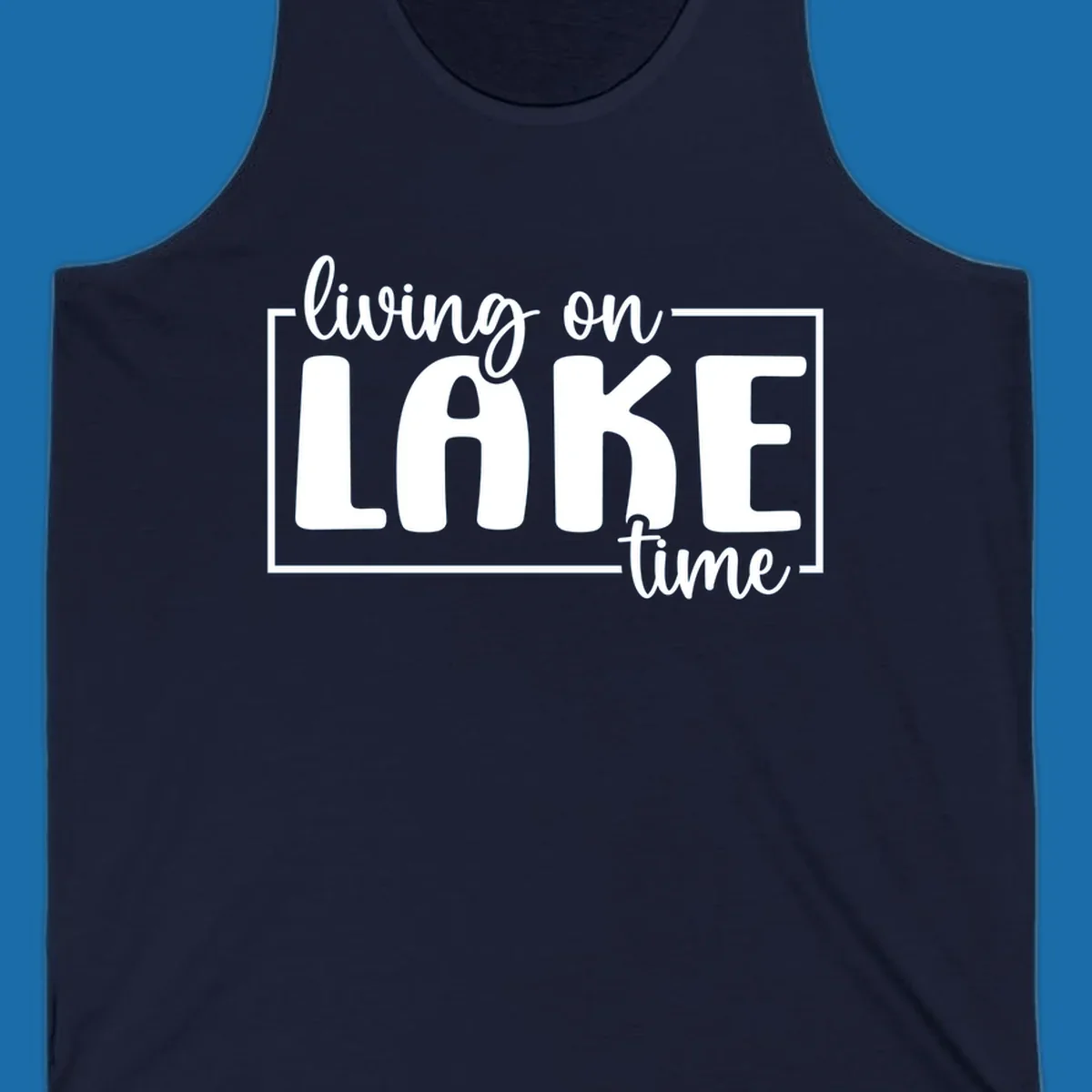 Living on lake time lifestyle phrase in white lettering on black and white backgrounds.