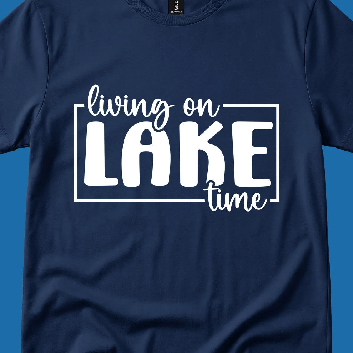 Living on lake time lifestyle phrase in white lettering on black and white backgrounds.