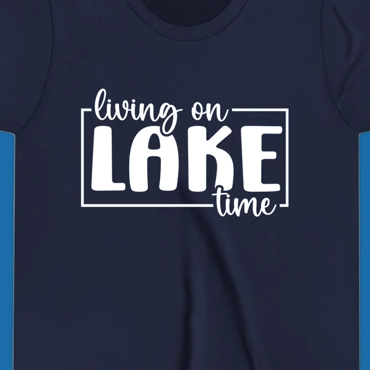 Living on lake time lifestyle phrase in white lettering on black and white backgrounds.