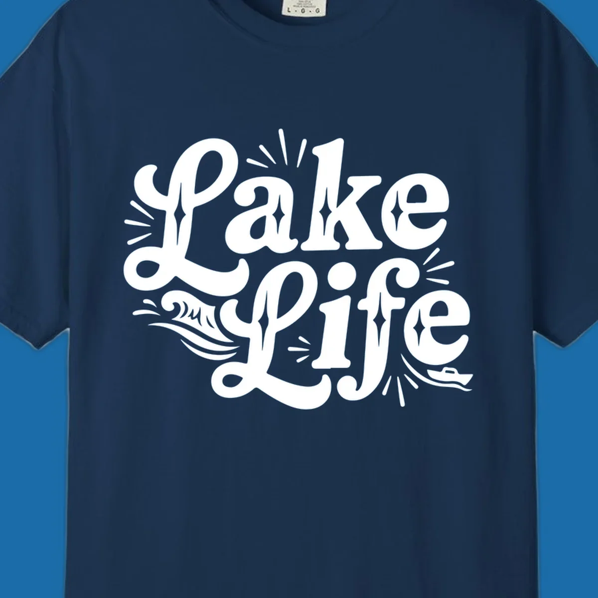 Retro typography design with "Lake Life", waves, and a boat, for lake-themed apparel.