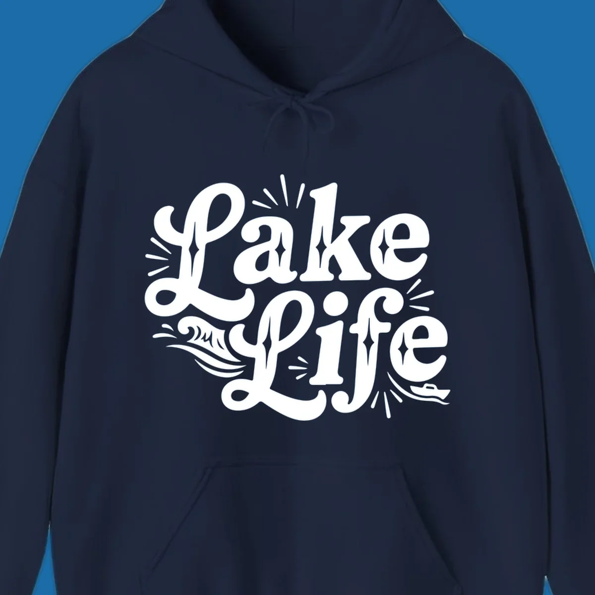 Retro typography design with "Lake Life", waves, and a boat, for lake-themed apparel.