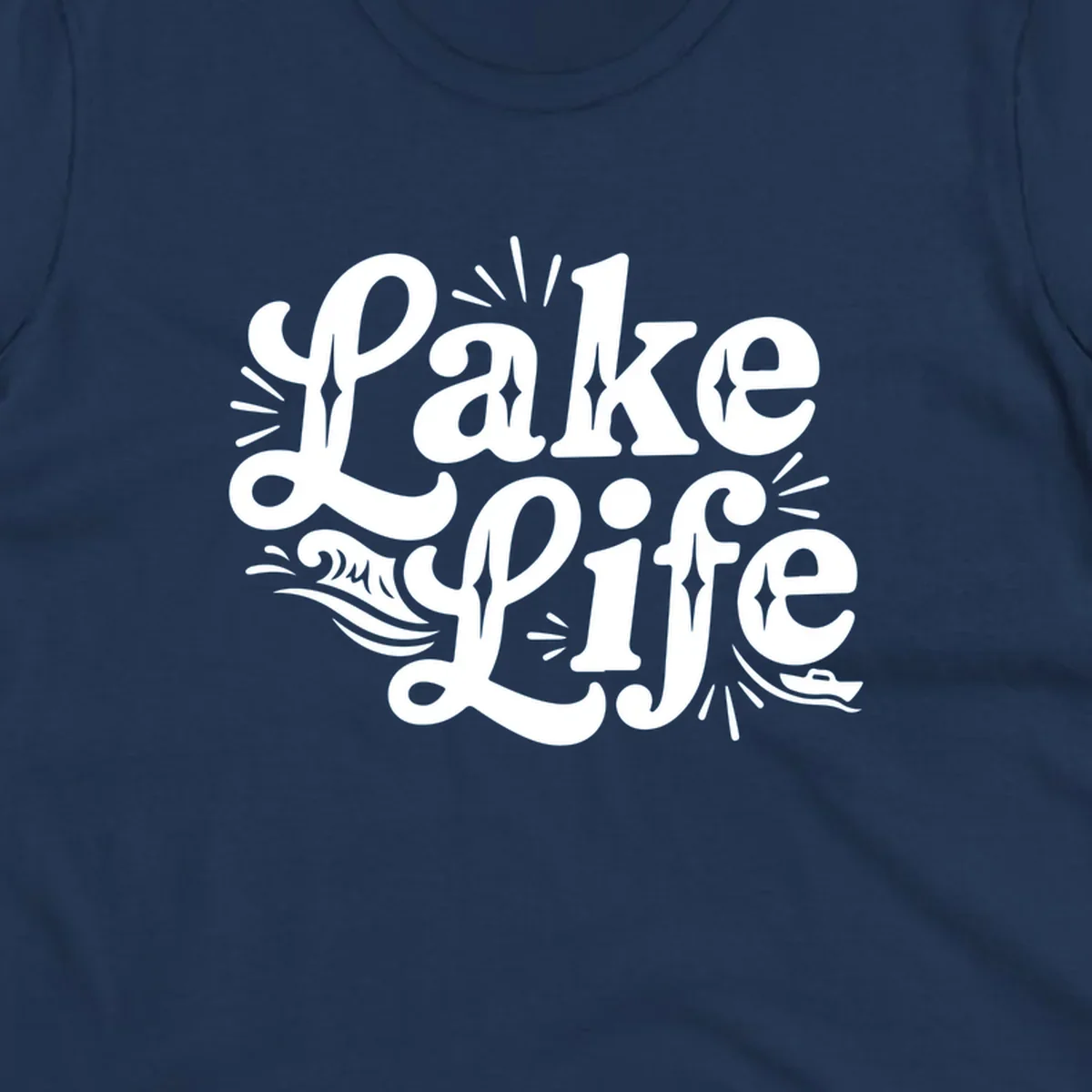 Retro typography design with "Lake Life", waves, and a boat, for lake-themed apparel.