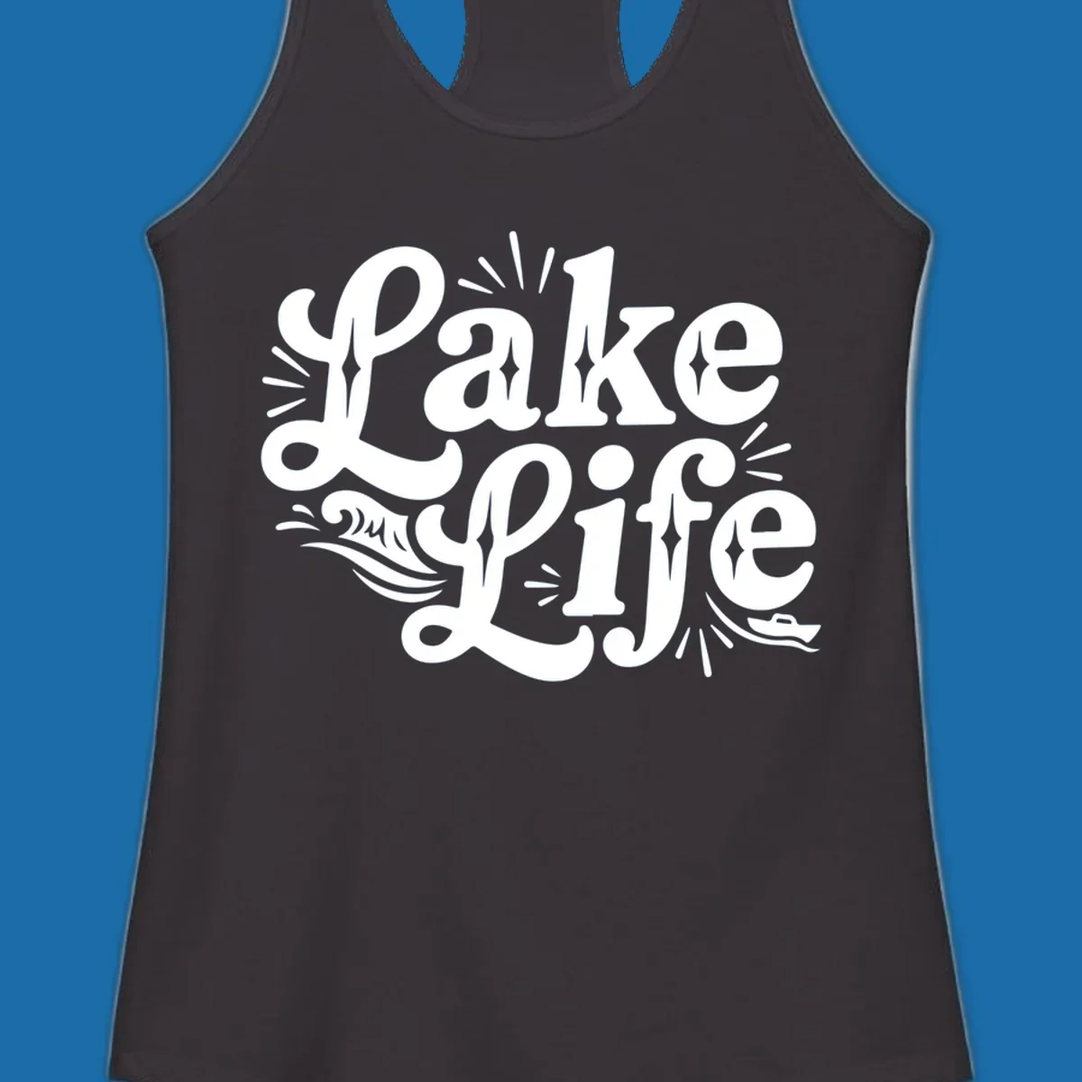 Retro typography design with "Lake Life", waves, and a boat, for lake-themed apparel.