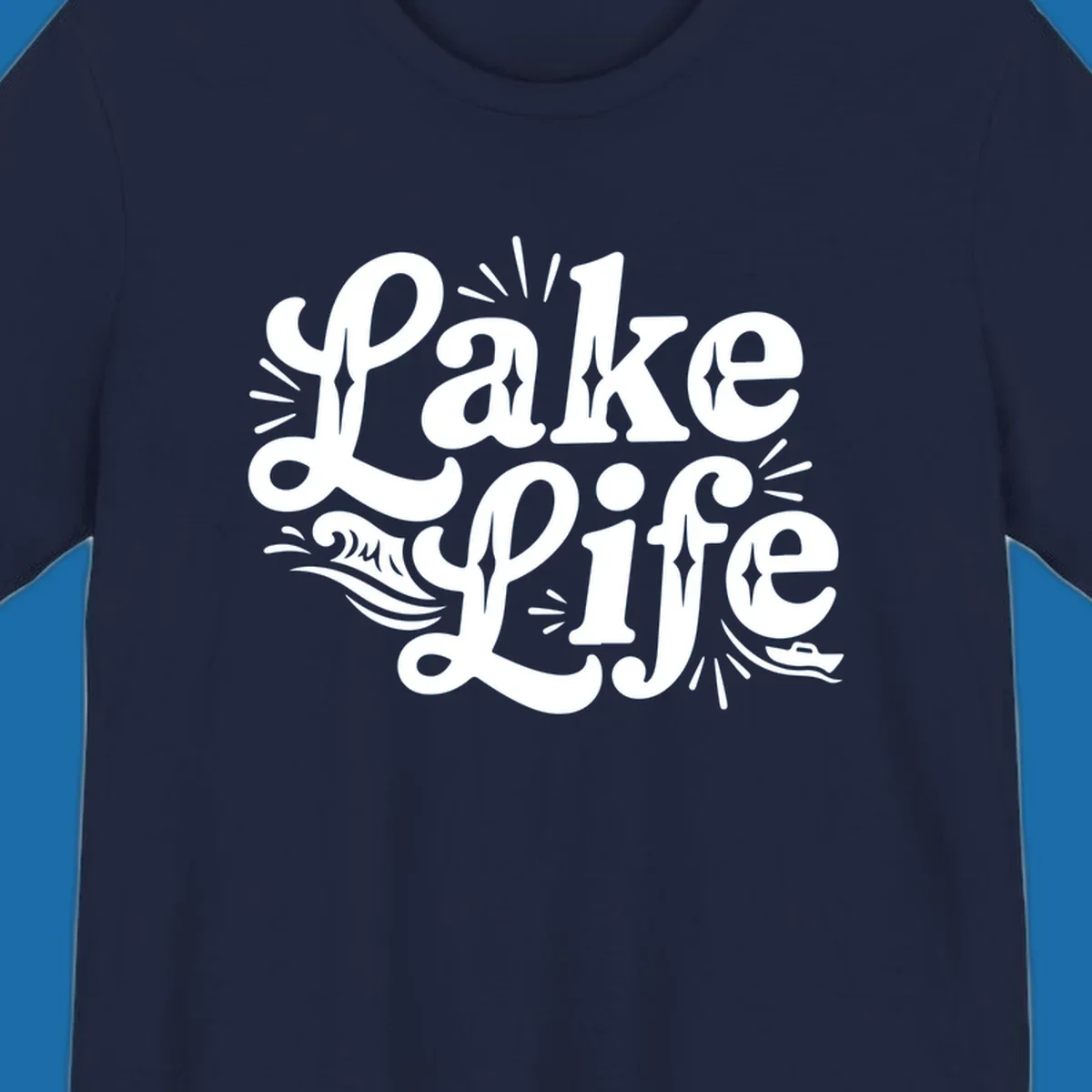 Retro typography design with "Lake Life", waves, and a boat, for lake-themed apparel.