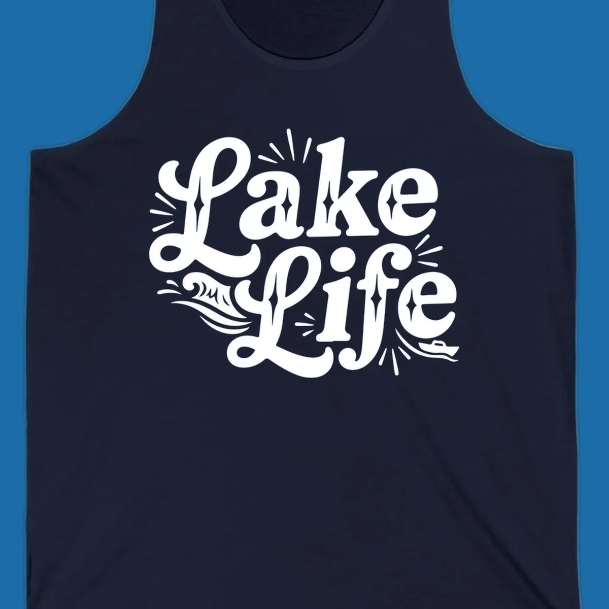 Retro typography design with "Lake Life", waves, and a boat, for lake-themed apparel.