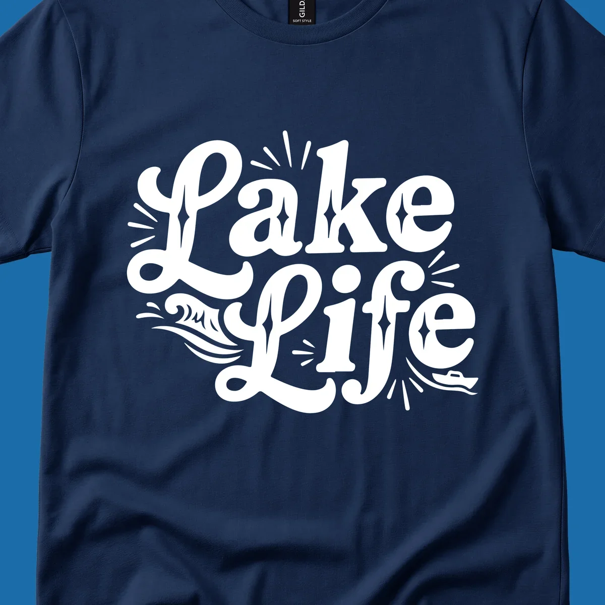 Retro typography design with "Lake Life", waves, and a boat, for lake-themed apparel.