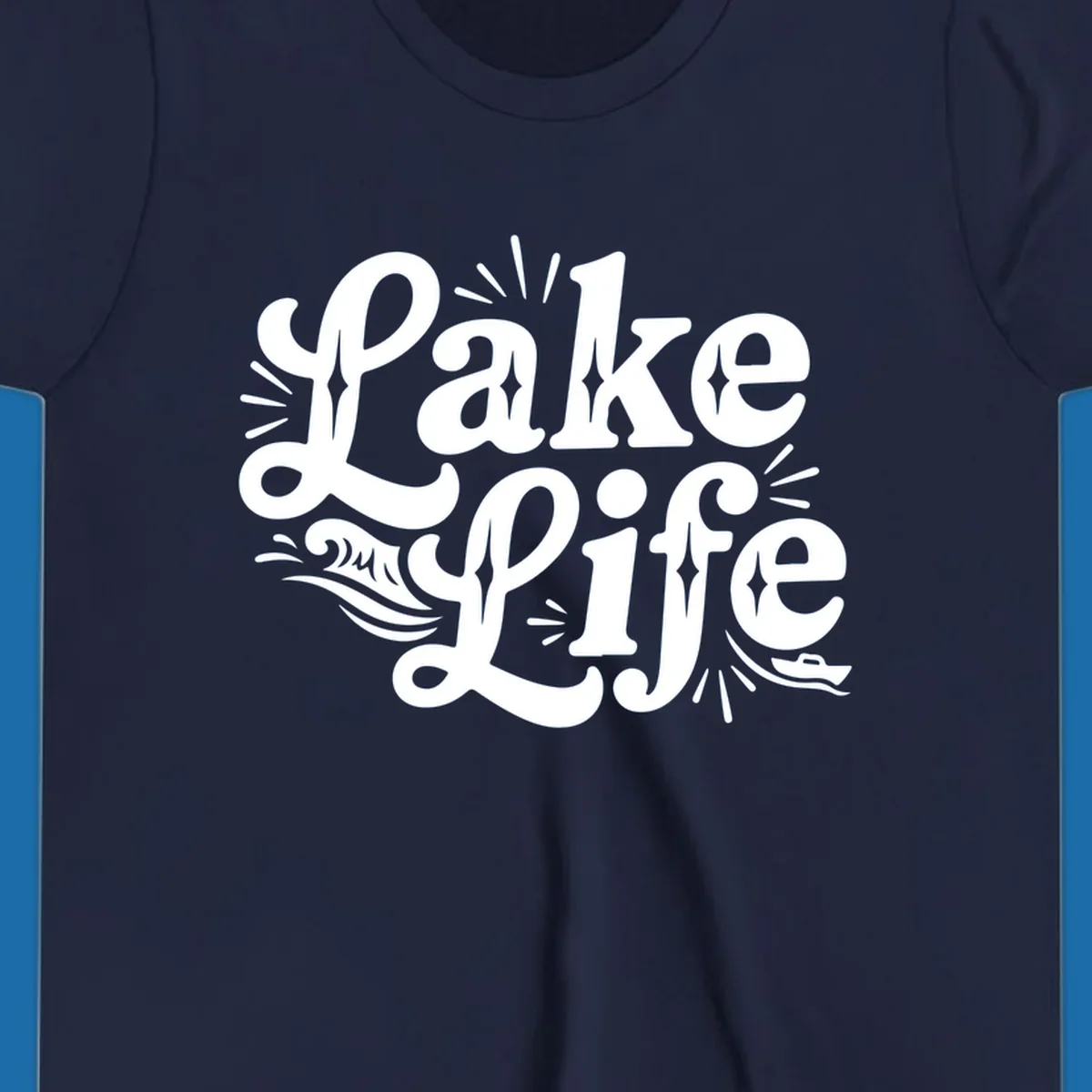 Retro typography design with "Lake Life", waves, and a boat, for lake-themed apparel.