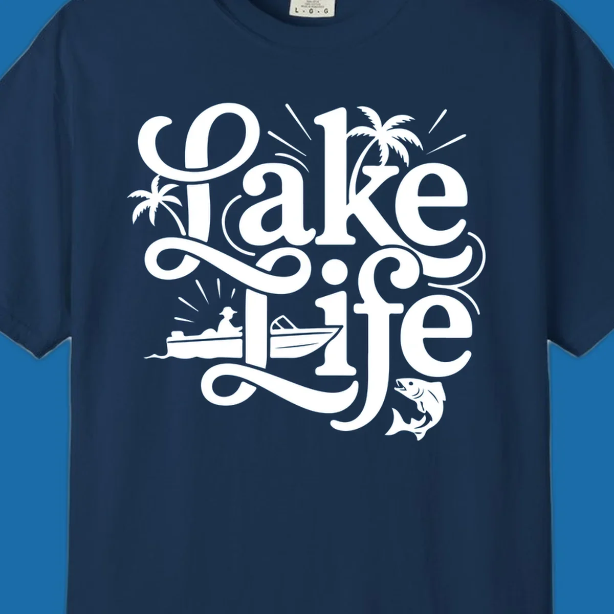 Lake Life typography with illustrations of boats, fish, and palm trees.