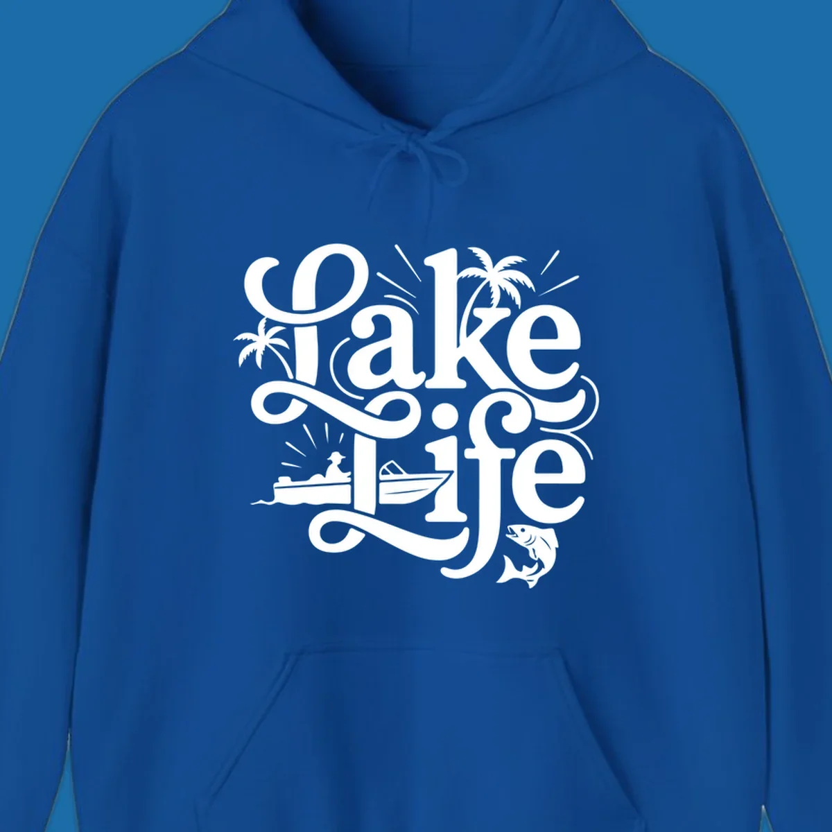 Lake Life typography with illustrations of boats, fish, and palm trees.
