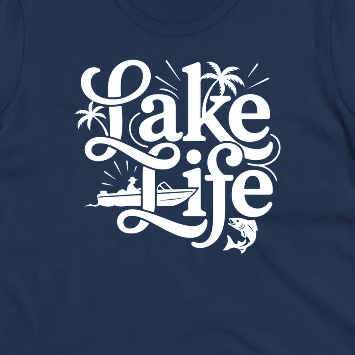 Lake Life typography with illustrations of boats, fish, and palm trees.