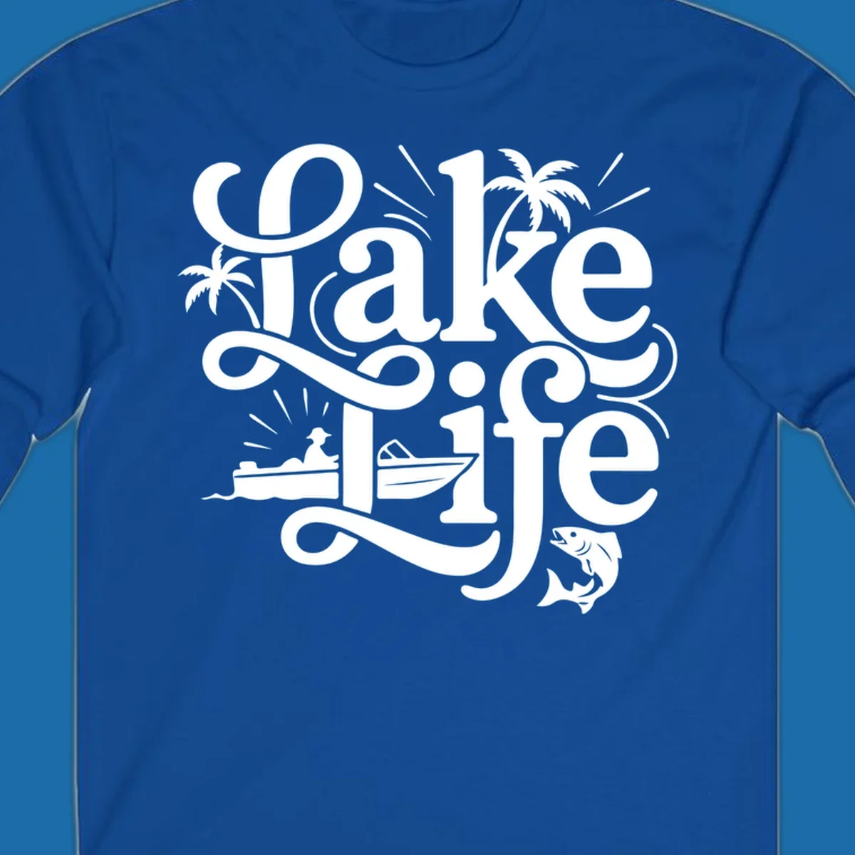 Lake Life typography with illustrations of boats, fish, and palm trees.