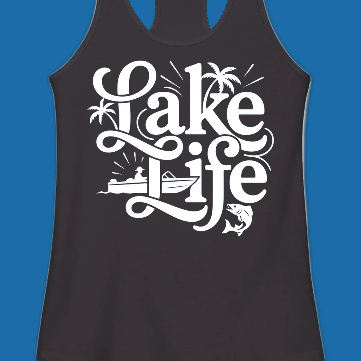 Lake Life typography with illustrations of boats, fish, and palm trees.