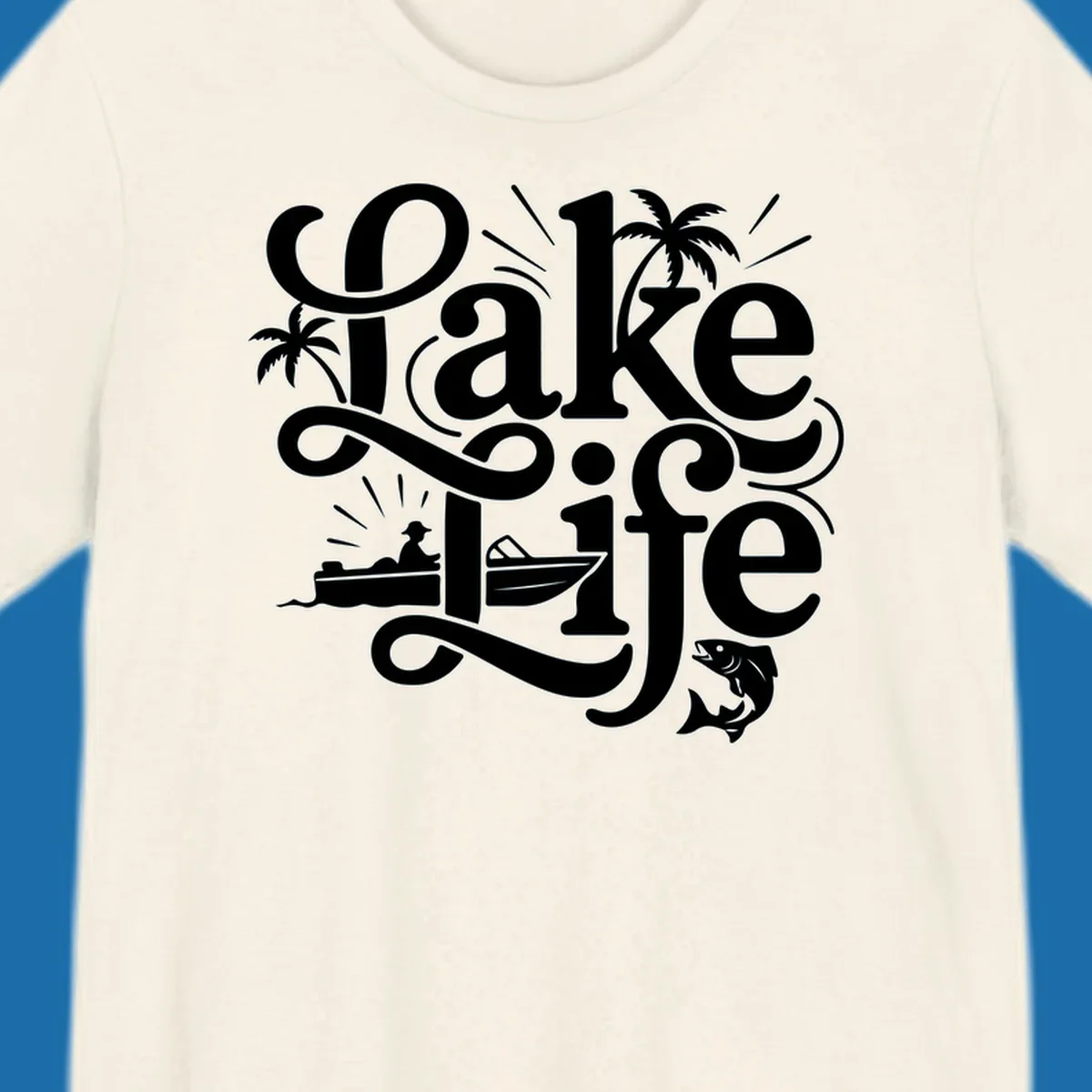 Lake Life typography with illustrations of boats, fish, and palm trees.