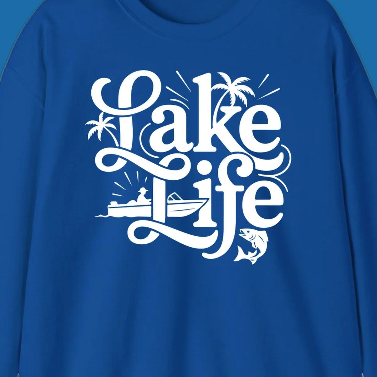 Lake Life typography with illustrations of boats, fish, and palm trees.