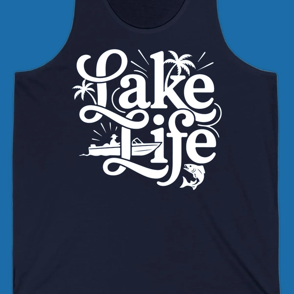 Lake Life typography with illustrations of boats, fish, and palm trees.