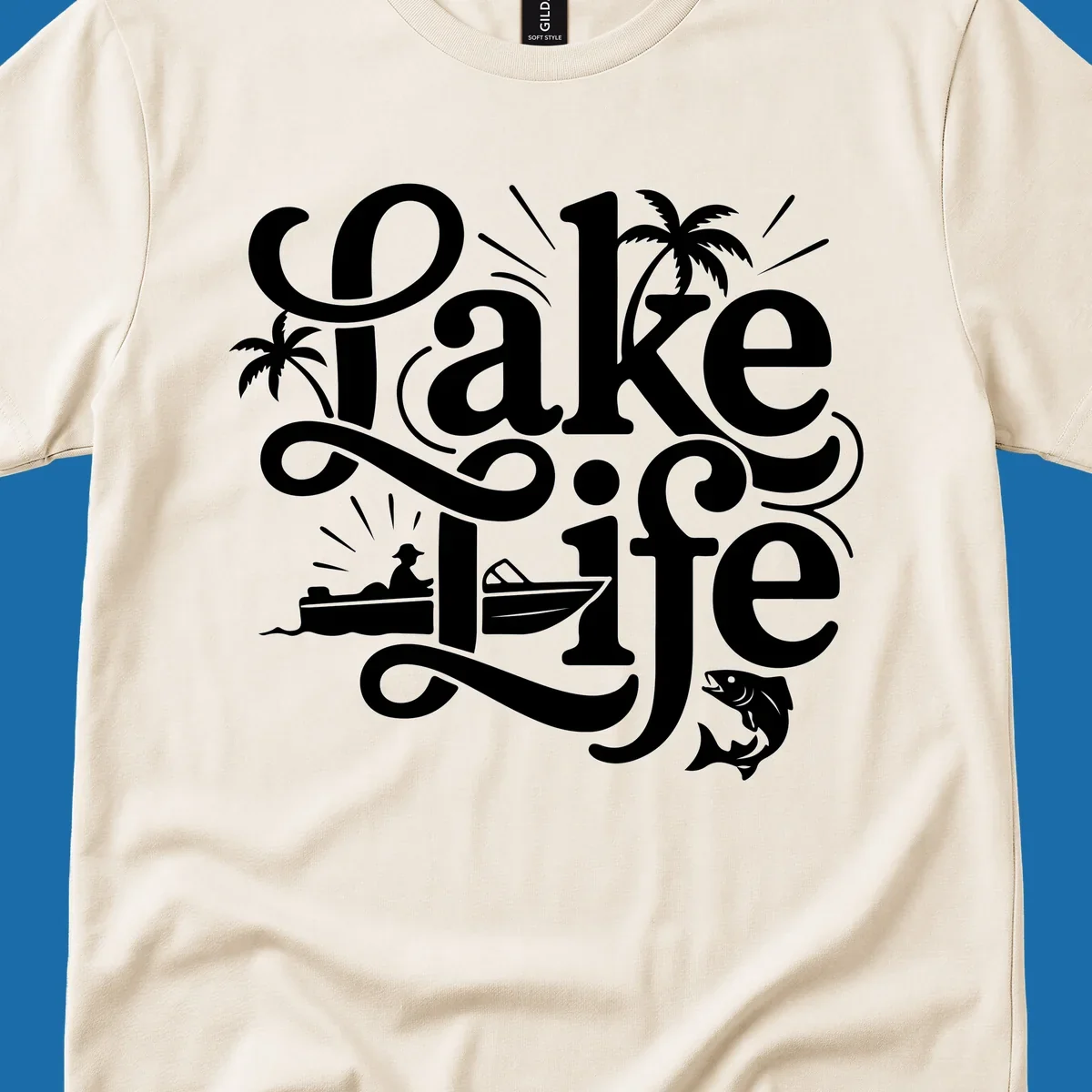 Lake Life typography with illustrations of boats, fish, and palm trees.