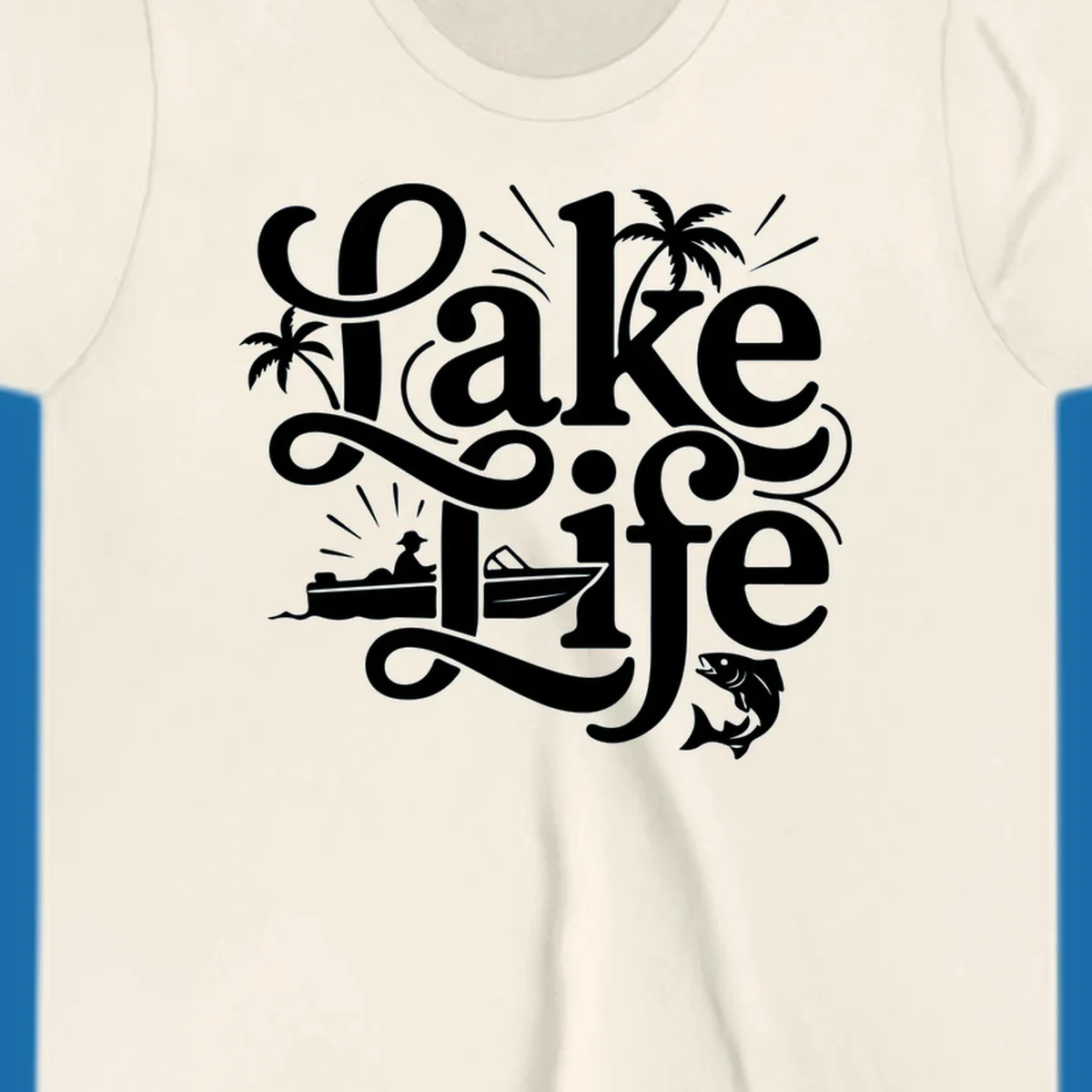 Lake Life typography with illustrations of boats, fish, and palm trees.