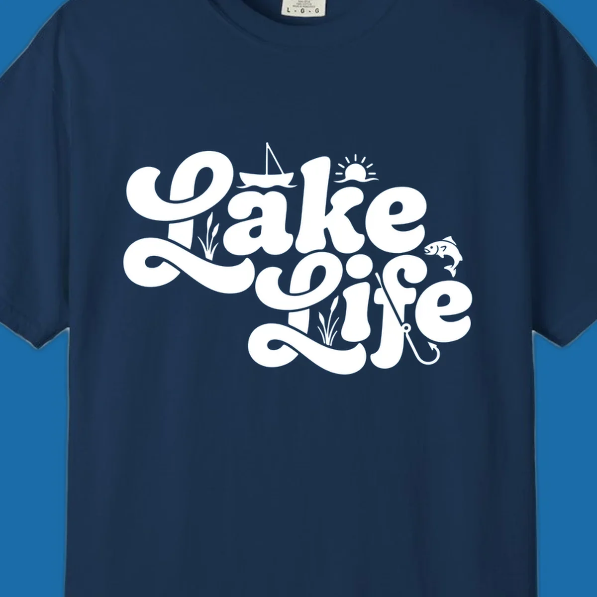 Retro Lake Life script design featuring a sailboat, sun, fish, and fishing hook.
