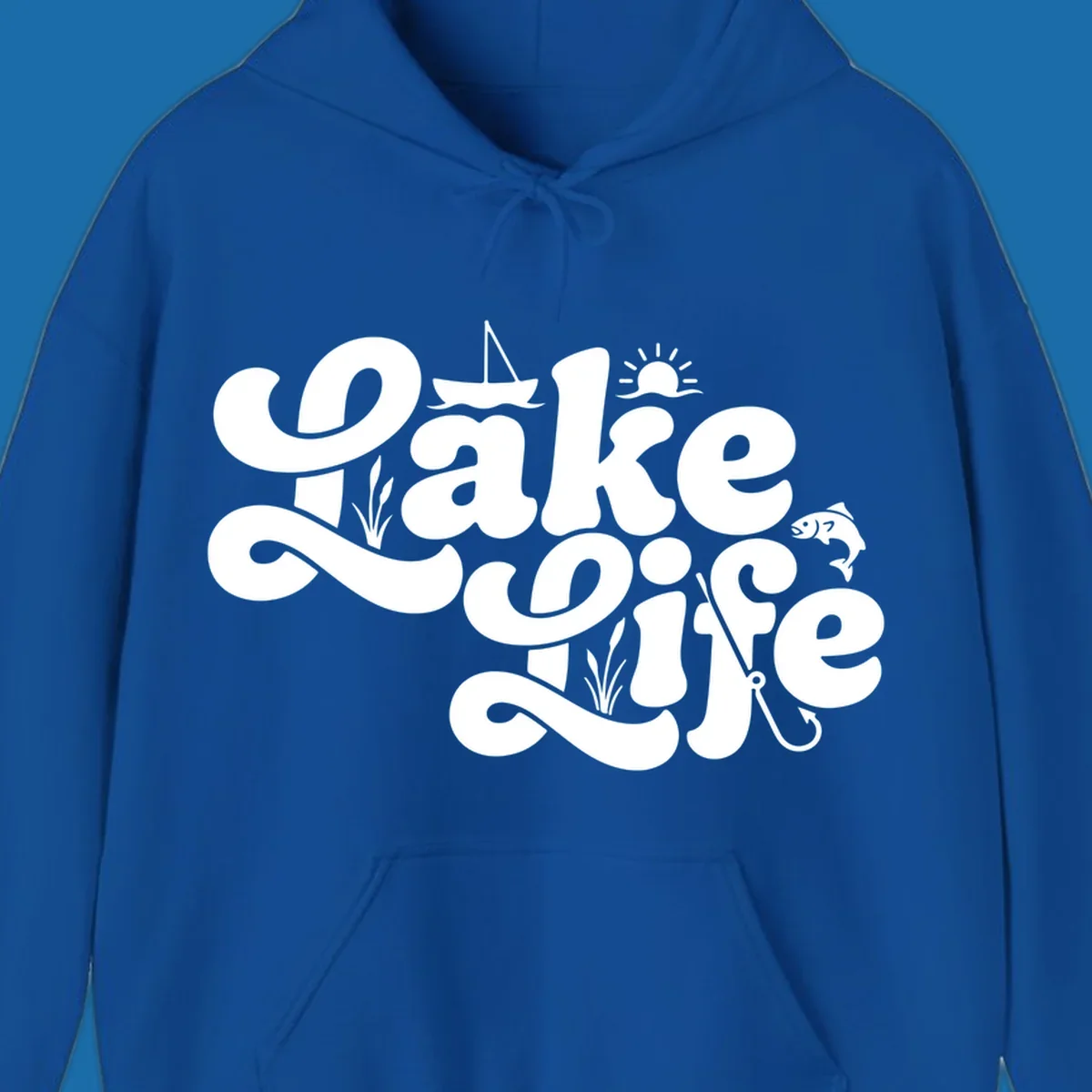 Retro Lake Life script design featuring a sailboat, sun, fish, and fishing hook.