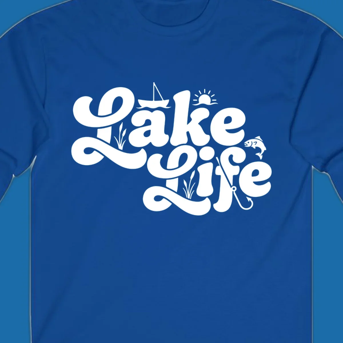 Retro Lake Life script design featuring a sailboat, sun, fish, and fishing hook.
