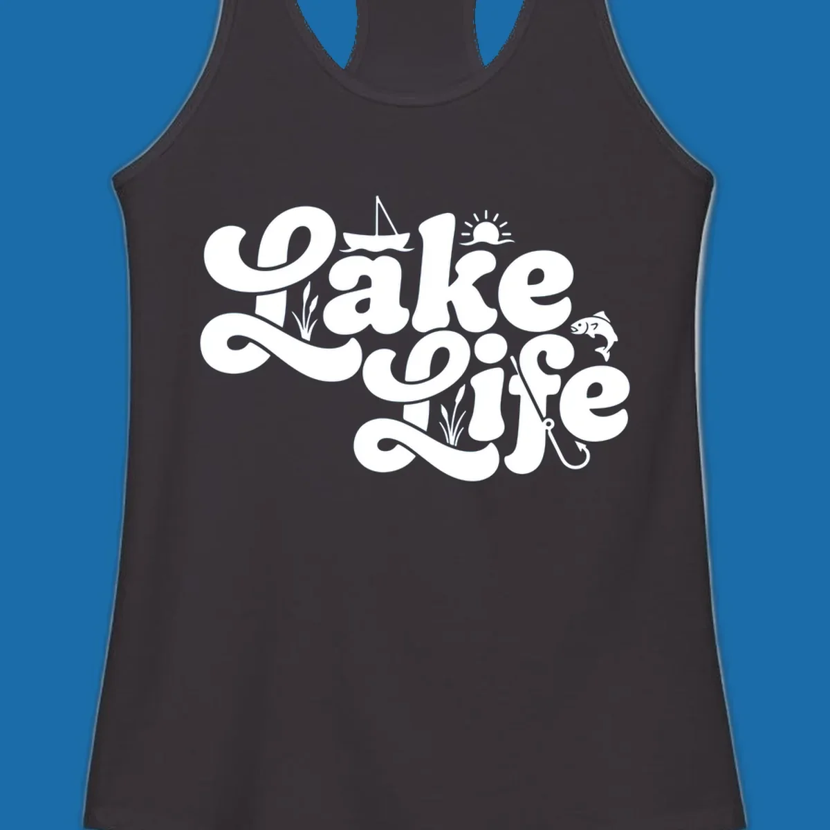 Retro Lake Life script design featuring a sailboat, sun, fish, and fishing hook.