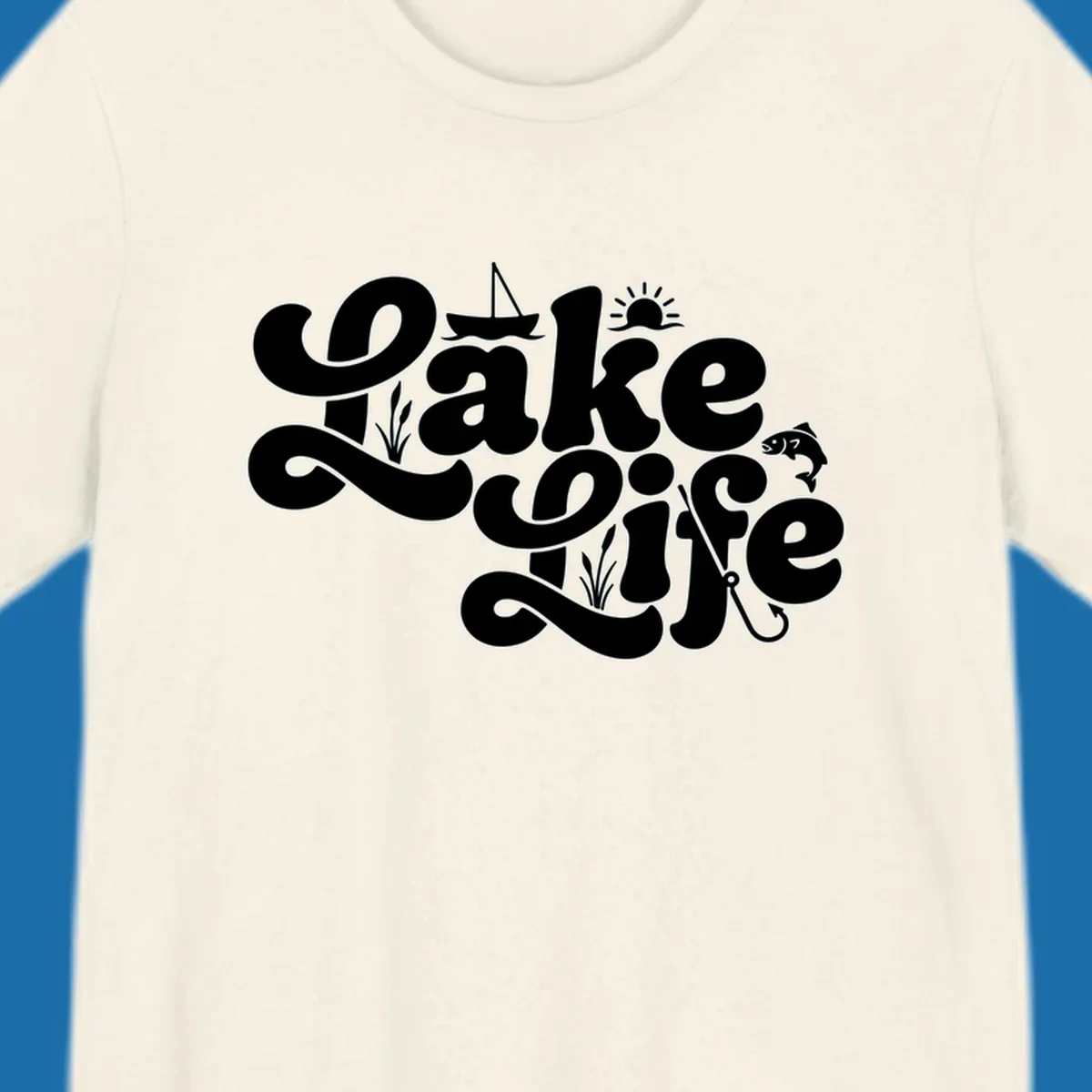 Retro Lake Life script design featuring a sailboat, sun, fish, and fishing hook.