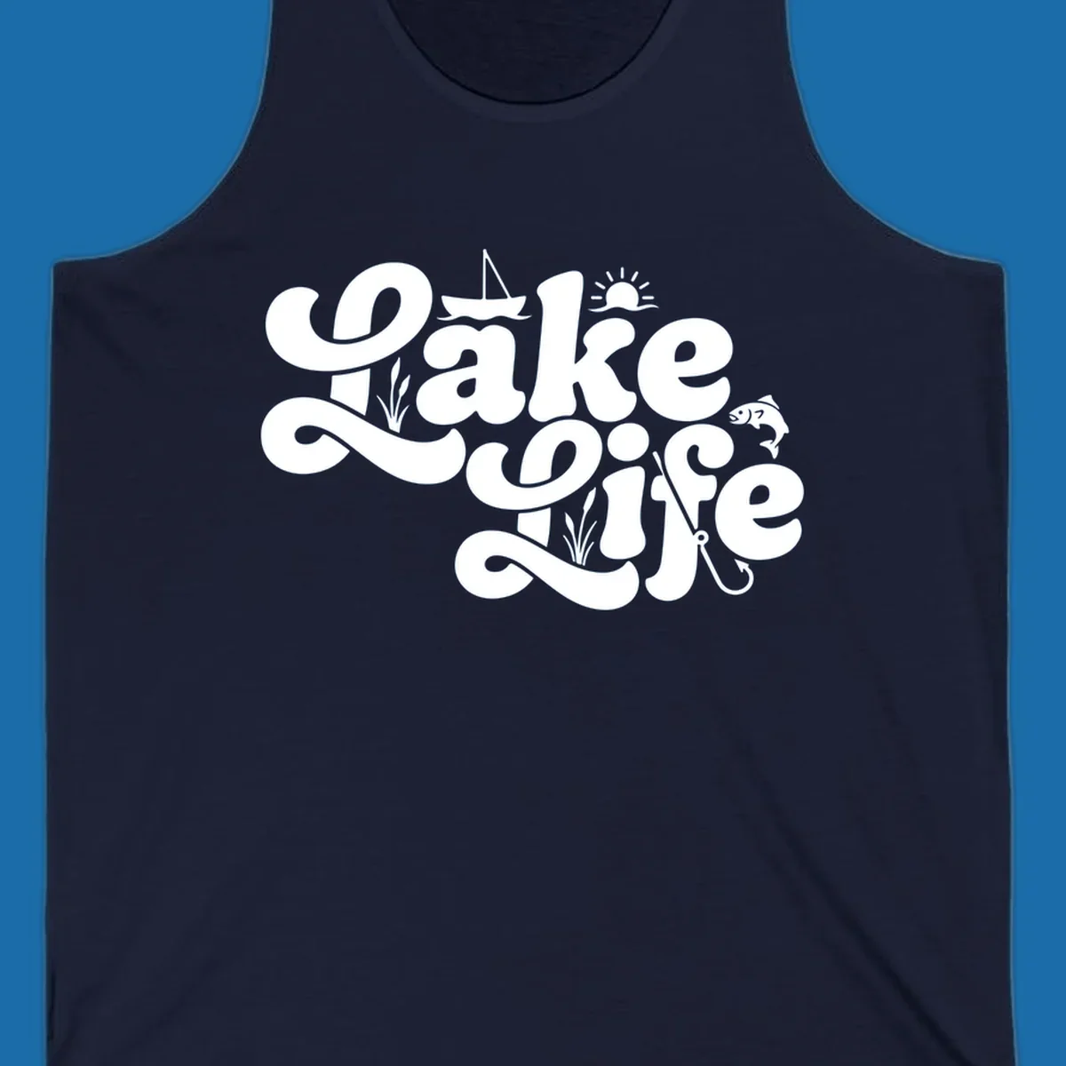 Retro Lake Life script design featuring a sailboat, sun, fish, and fishing hook.