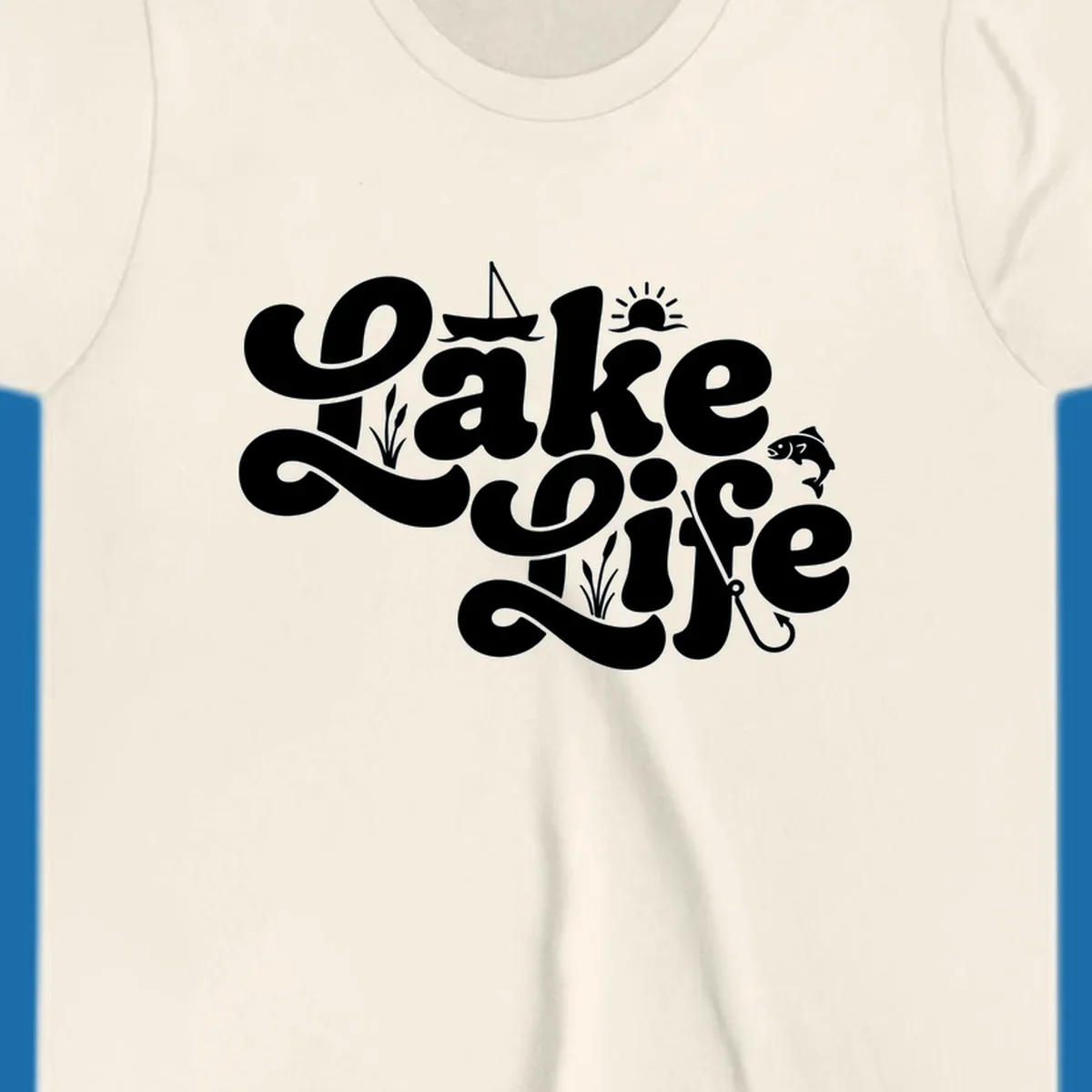 Retro Lake Life script design featuring a sailboat, sun, fish, and fishing hook.