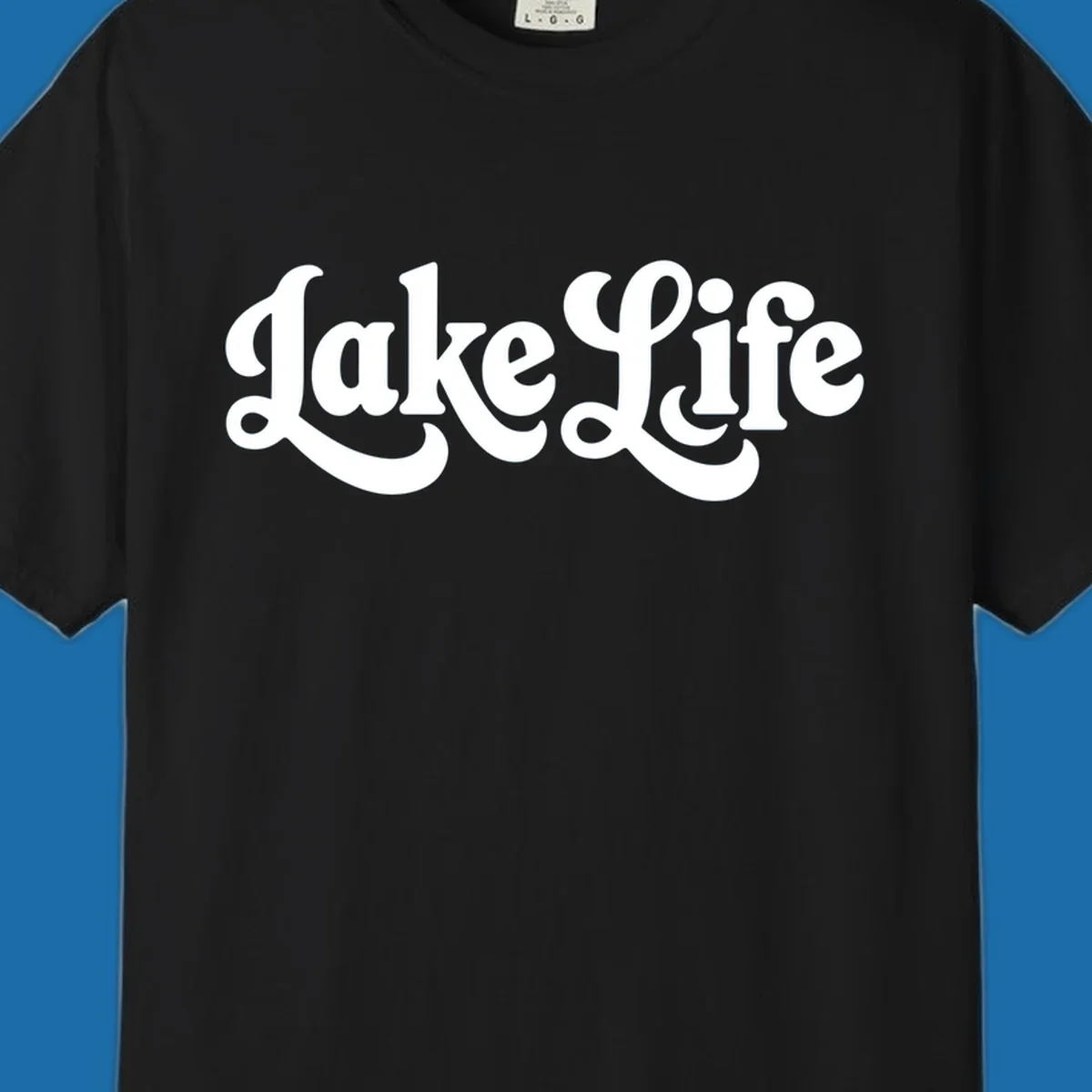 Retro "Lake Life" script text design on black and white backgrounds.