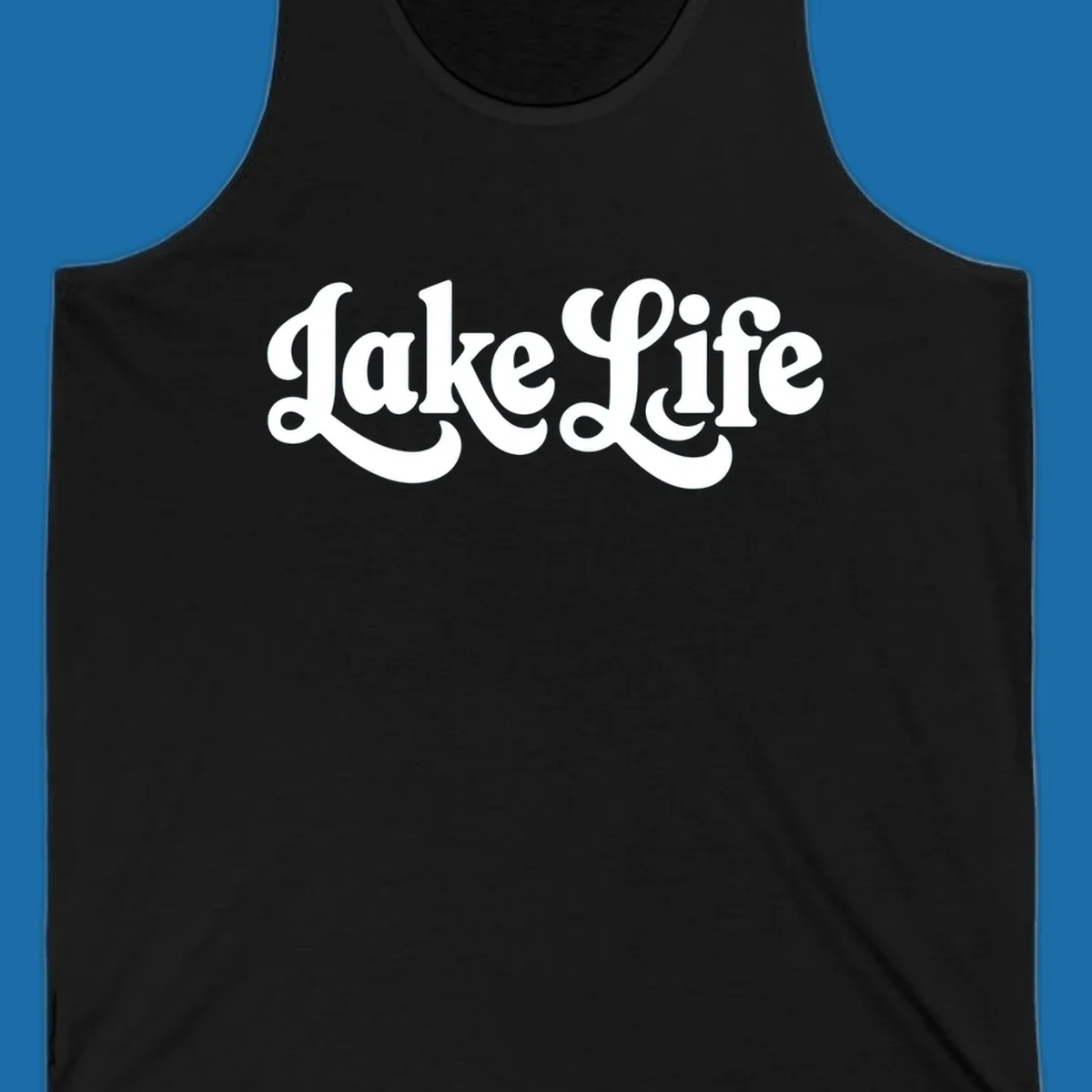 Retro "Lake Life" script text design on black and white backgrounds.