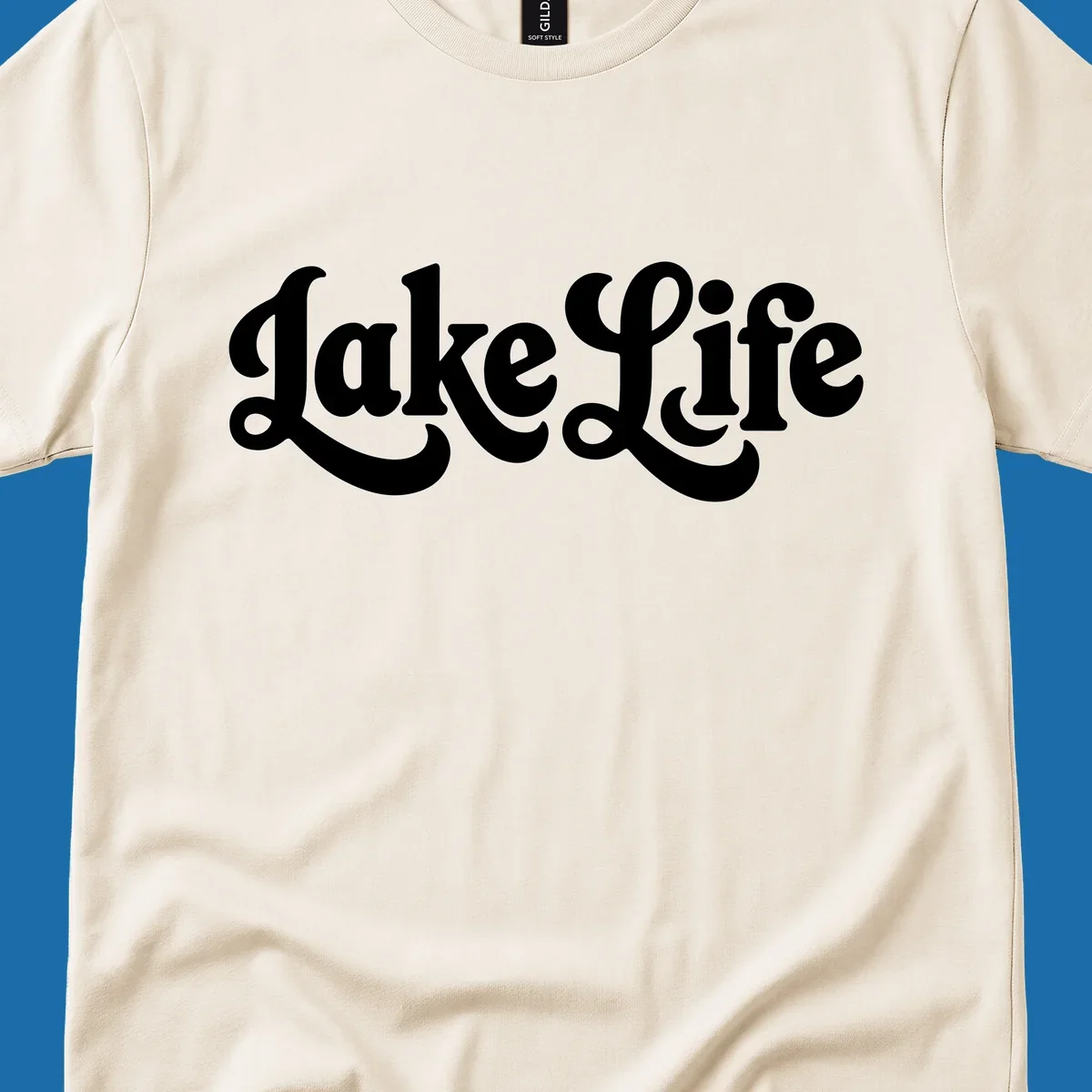 Retro "Lake Life" script text design on black and white backgrounds.