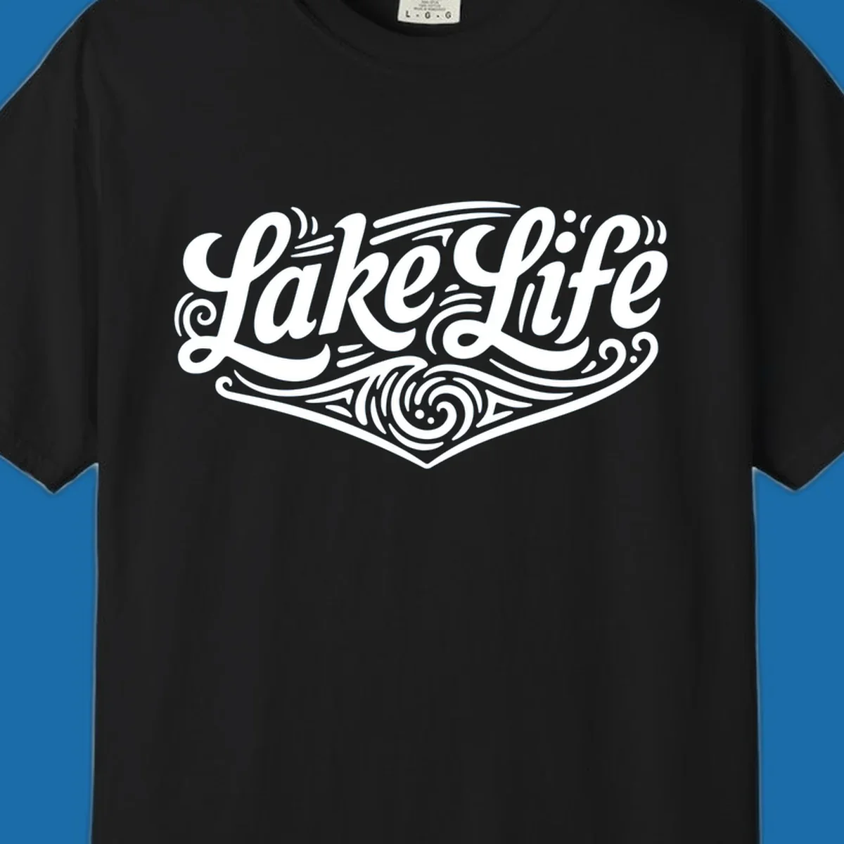 Lake Life typography design with decorative swirls and geometric patterns