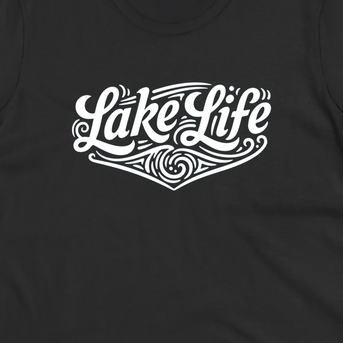 Lake Life typography design with decorative swirls and geometric patterns