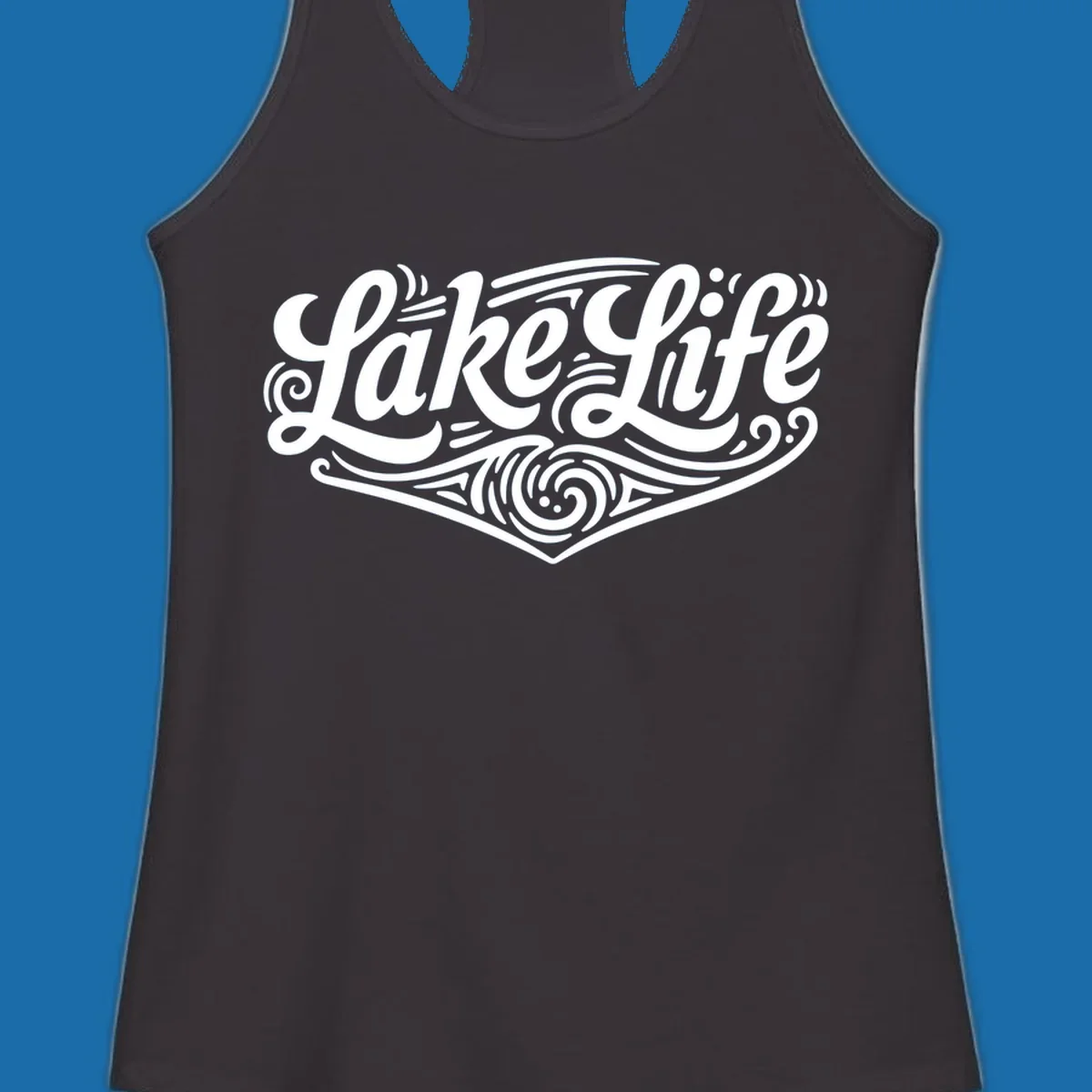 Lake Life typography design with decorative swirls and geometric patterns