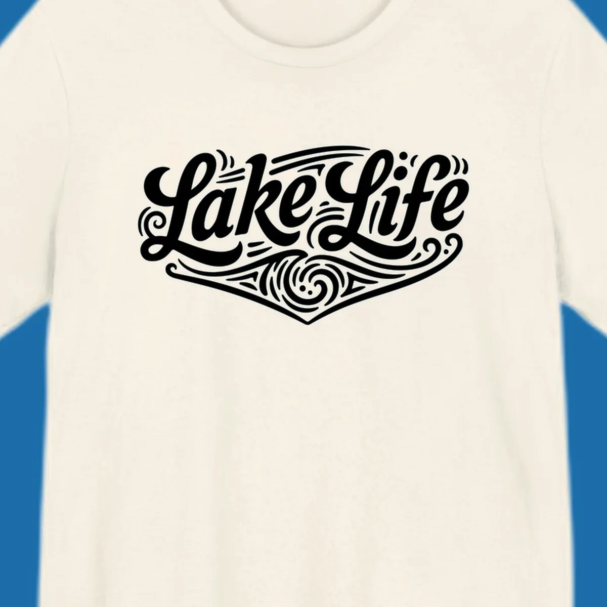 Lake Life typography design with decorative swirls and geometric patterns
