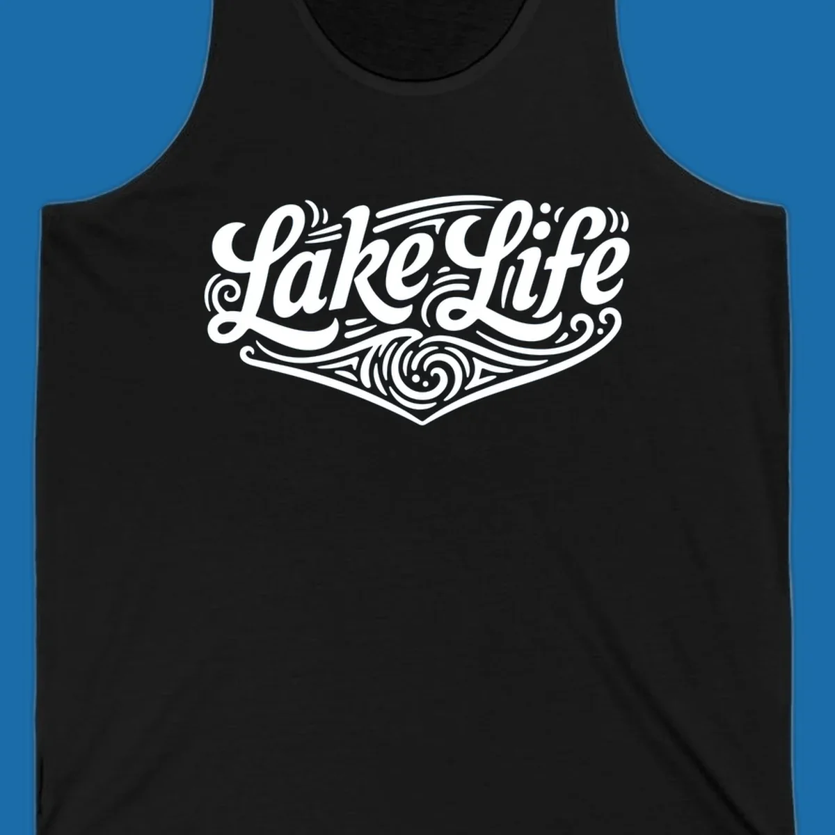 Lake Life typography design with decorative swirls and geometric patterns