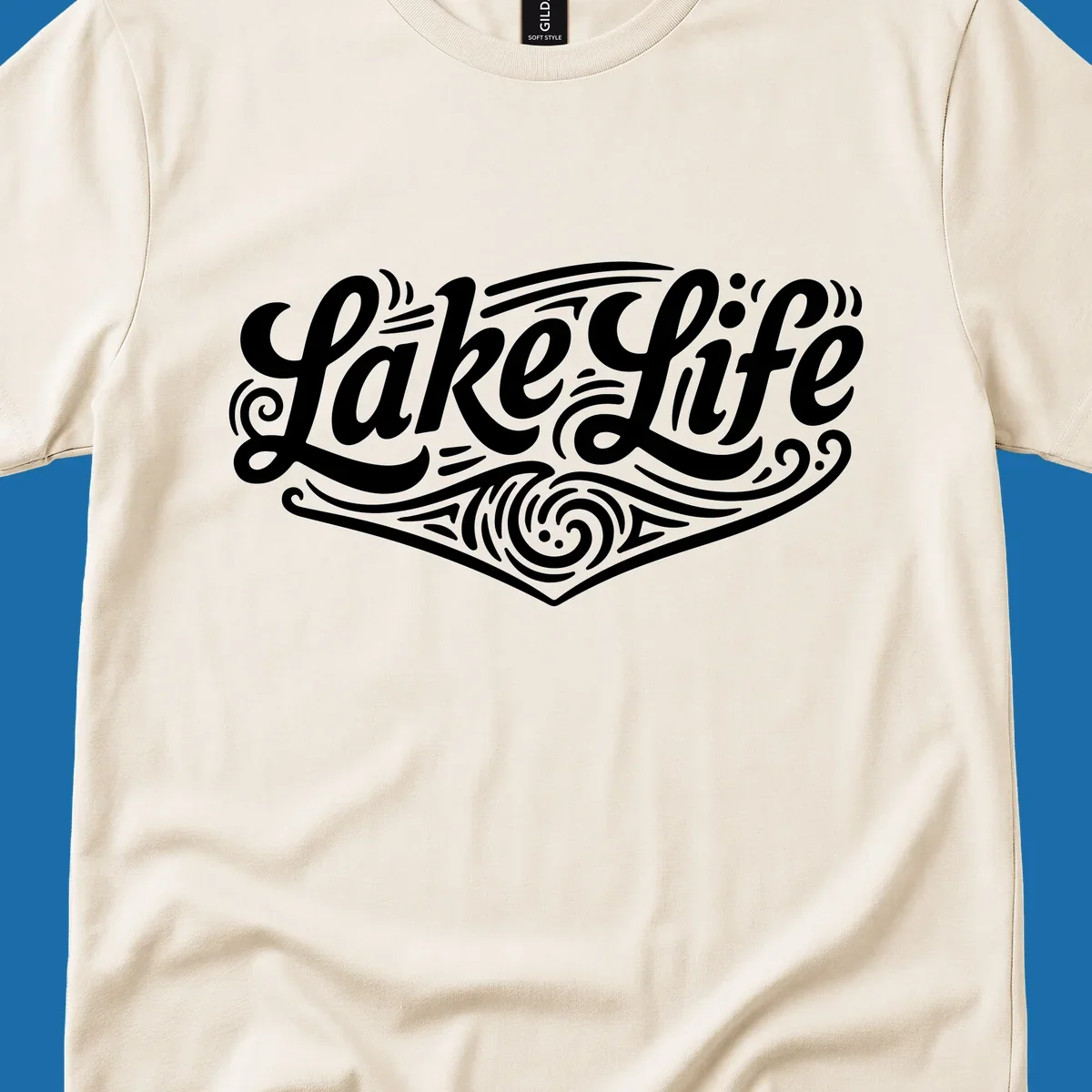 Lake Life typography design with decorative swirls and geometric patterns