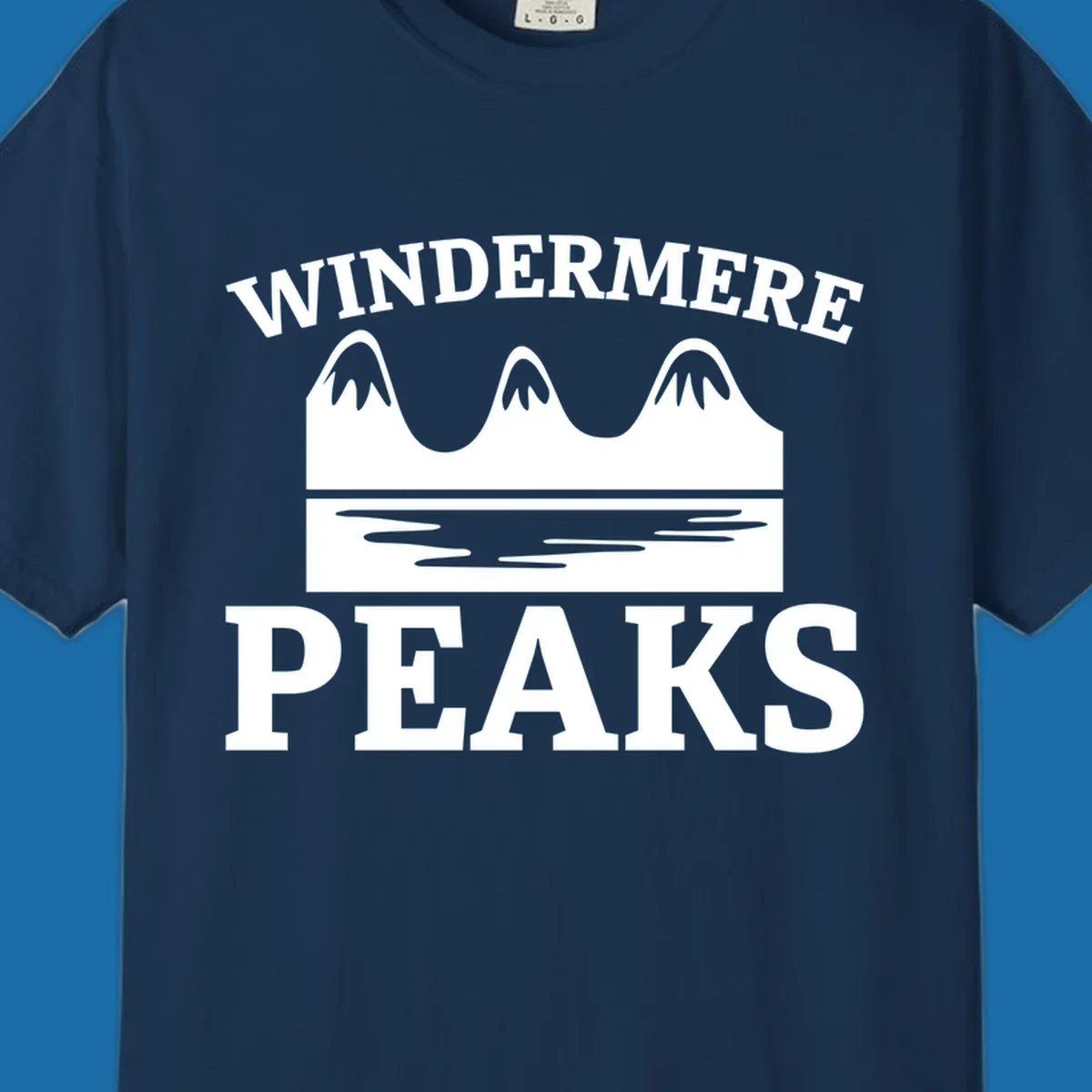 Windermere Peaks mountain and lake graphic with text.