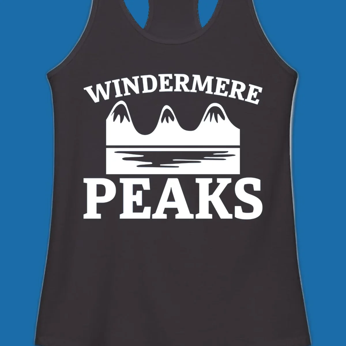 Windermere Peaks mountain and lake graphic with text.