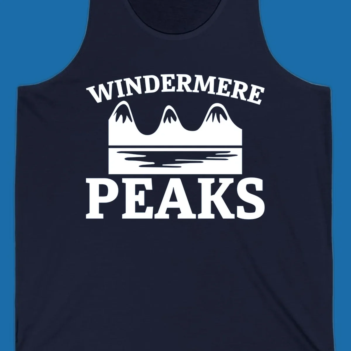 Windermere Peaks mountain and lake graphic with text.