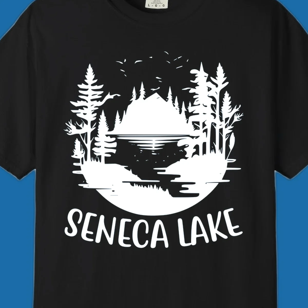 Seneca Lake scenic vista with mountains, trees, and text.