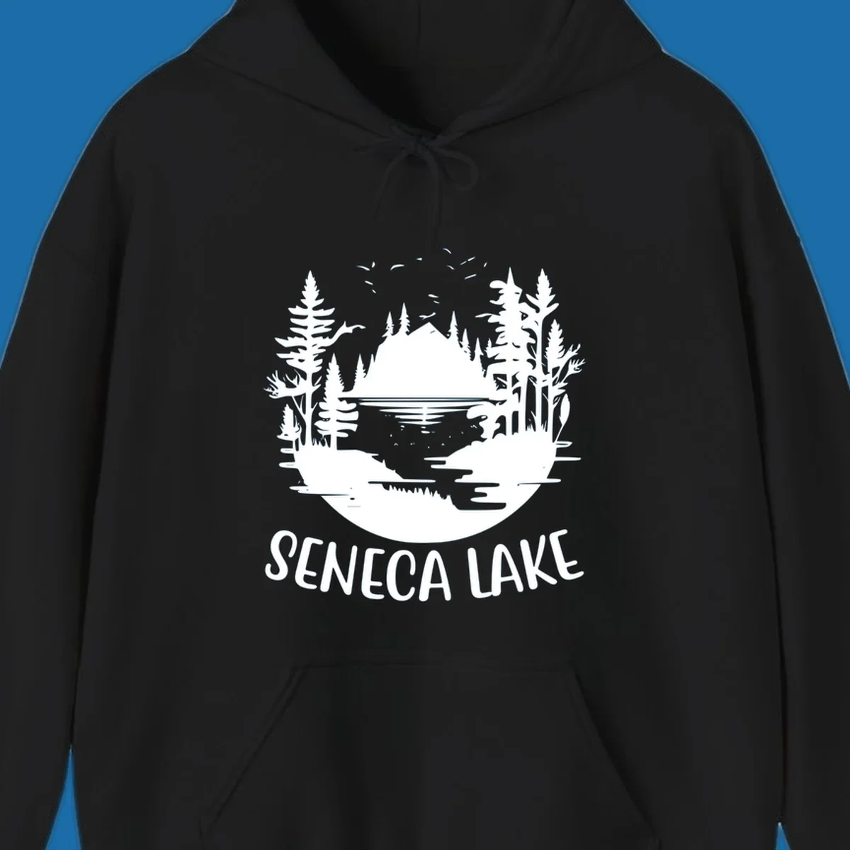 Seneca Lake scenic vista with mountains, trees, and text.
