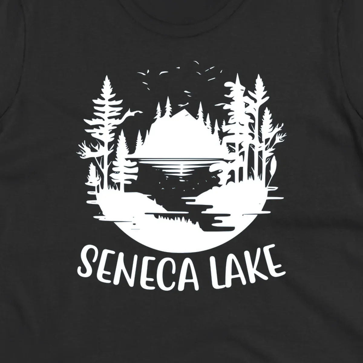 Seneca Lake scenic vista with mountains, trees, and text.