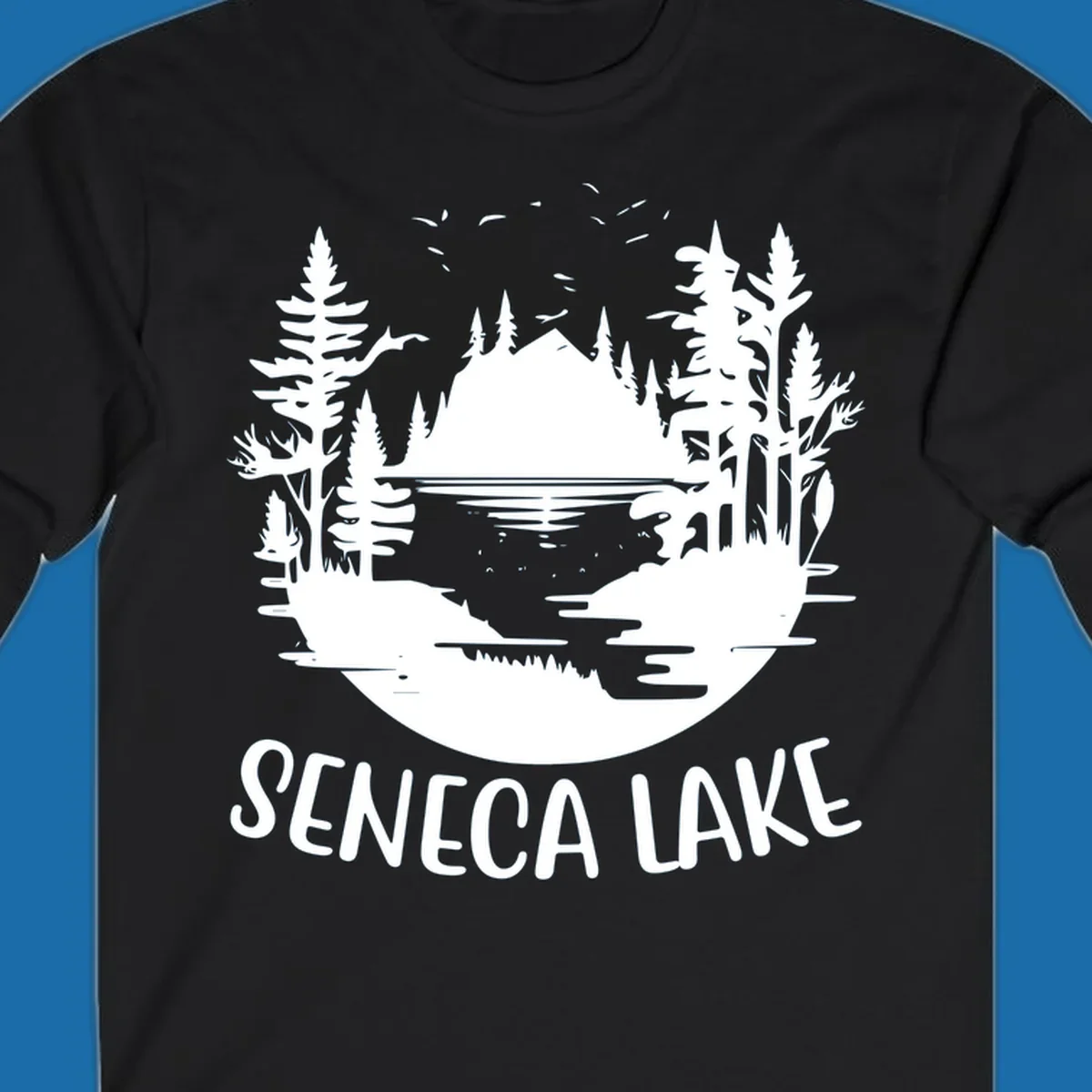 Seneca Lake scenic vista with mountains, trees, and text.